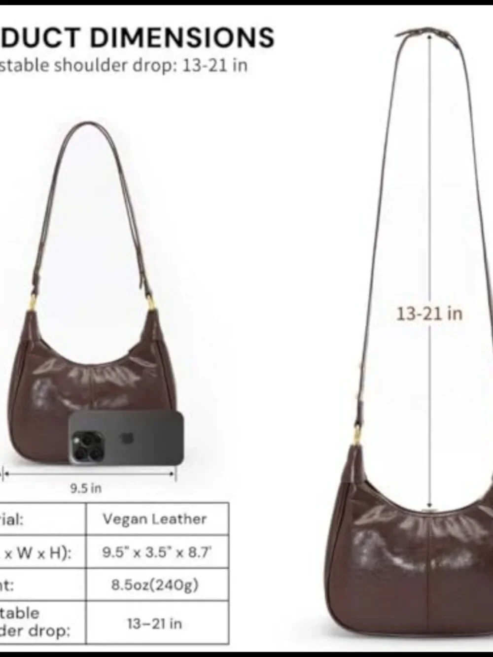 Small Hobo Purse Vegan Leather Crescent Shoulder Bag with Zipper Adjustable